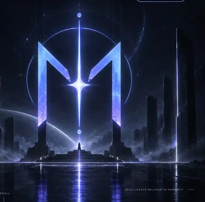 A monumental Magus sigil temple beneath an orbital ring and celestial beam